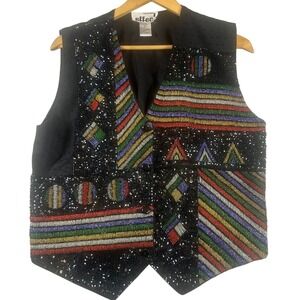 Creazioni Effeci Beaded Sequin Vest Womens Large Black Multicolor Geometric Art